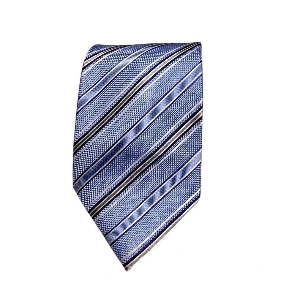 Tasso Elba SPA Mens Luxury Tie Blue  Silver Stripes 100% Silk‎ Neckwear Necktie